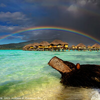 Buy canvas prints of Rainbow over Bora Bora Island Hotel Overwater bungalows  by Spotmatik 