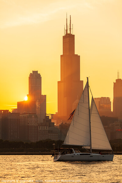 View of yacht sunset Lake Michigan skyline Illinois Picture Board by Spotmatik 
