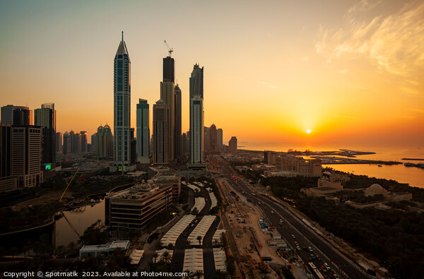Dubai sunset Sheikh Zayed Road Media city skyscrapers  Picture Board by Spotmatik 