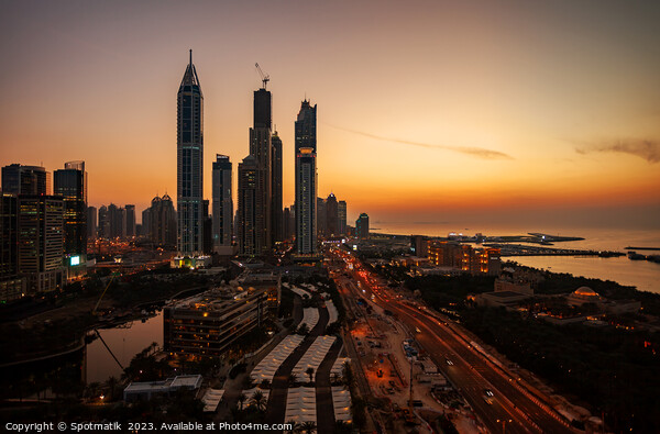 Dubai sunset Sheikh Zayed Road Media city skyscrapers  Picture Board by Spotmatik 