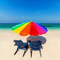 Buy canvas prints of Parasol  beach chairs on white tropical sandy shoreline by Spotmatik 