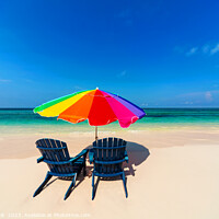 Buy canvas prints of Parasol and chairs on sandy beach Bahamas Caribbean by Spotmatik 