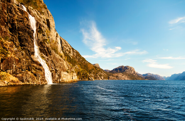 Norwegian scenic cliff waterfall Lysefjorden fjord Norway Europe Picture Board by Spotmatik 
