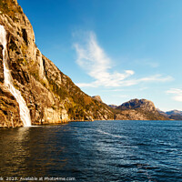 Buy canvas prints of Norwegian scenic cliff waterfall Lysefjorden fjord Norway Europe by Spotmatik 