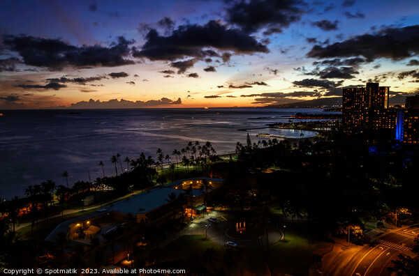 Waikiki sunset illuminated view at dusk Pacific ocean Picture Board by Spotmatik 