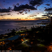 Buy canvas prints of Waikiki sunset illuminated view at dusk Pacific ocean by Spotmatik 