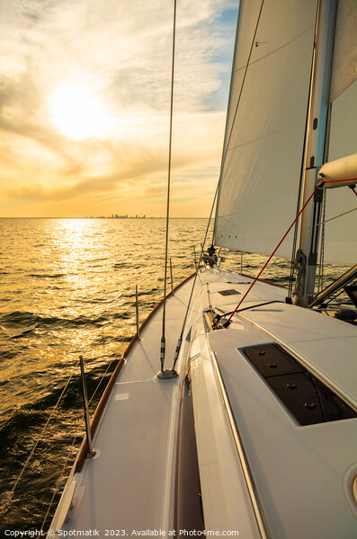 Luxury yacht sailing towards distant horizon at sunset Picture Board by Spotmatik 
