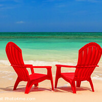 Buy canvas prints of Panoramic red chairs on beach with turquoise ocean by Spotmatik 
