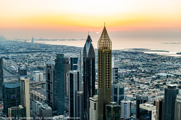 Aerial Dubai sunset Persian Gulf coastline skyscrapers UAE Picture Board by Spotmatik 