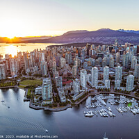 Buy canvas prints of Aerial sunset over Vancouver skyscrapers False Creek Canada by Spotmatik 
