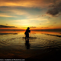 Buy canvas prints of Balinese fisherman casting net Flores sea at sunrise by Spotmatik 