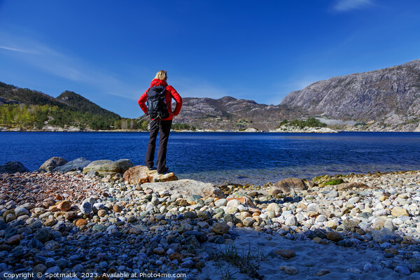 Norway female Hiker scenic beauty of Norwegian fjord  Picture Board by Spotmatik 