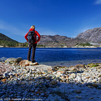 Buy canvas prints of Norway female Hiker scenic beauty of Norwegian fjord  by Spotmatik 