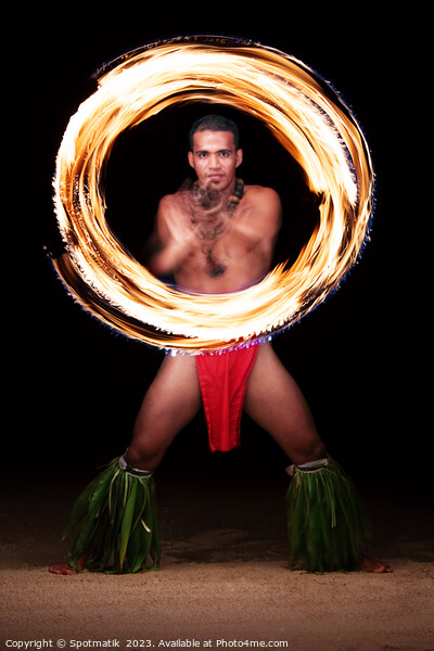 Male Fire dancer illuminated spinning flaming torch Polynesia  Picture Board by Spotmatik 