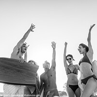 Buy canvas prints of Friends in swimwear with bodyboards celebrating Summer vacation by Spotmatik 