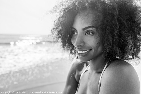 Smiling Afro American female enjoying Summer by Ocean Picture Board by Spotmatik 