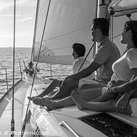 Buy canvas prints of Panorama of Latin American family on sailing vacation at sunset by Spotmatik 