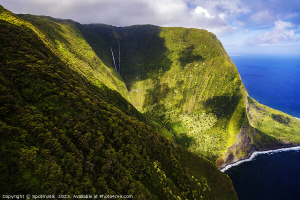 Aerial Molokai coastal rainforest waterfalls with lush foliage  Picture Board by Spotmatik 