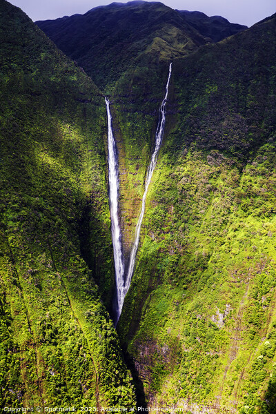 Aerial Molokai valley waterfalls a volcanic Pacific ocean  Picture Board by Spotmatik 