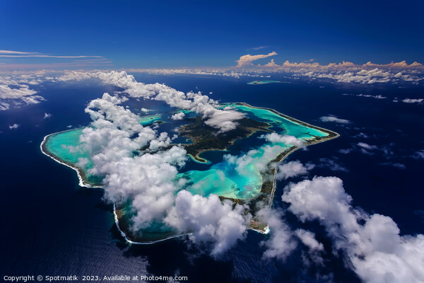 Aerial cloud covered Bora Bora in French Polynesia  Picture Board by Spotmatik 