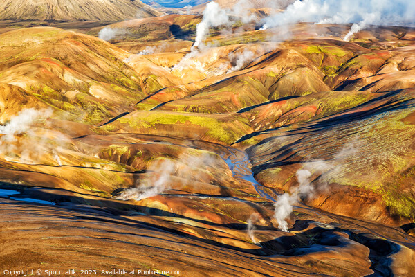 Aerial natural steam rising from steam fissures Landmannalaugar  Picture Board by Spotmatik 
