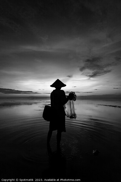 Balinese male fishing at sunrise Flores sea coastline  Picture Board by Spotmatik 