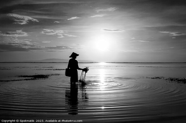 Balinese fisherman at sunrise in Silhouette fishing Asia Picture Board by Spotmatik 