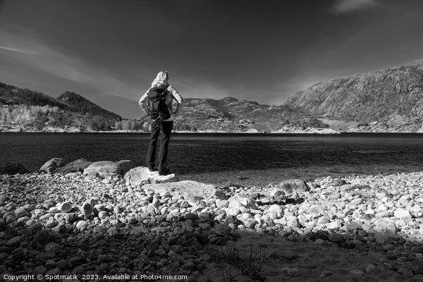 Norway female admiring scenic beauty of Norwegian fjord  Picture Board by Spotmatik 
