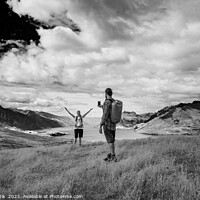 Buy canvas prints of Successful young couple taking smartphone picture Lake Wakatipu  by Spotmatik 