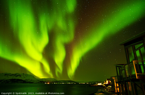 Aurora borealis in Norwegian Fjord lake home Scandinavia Picture Board by Spotmatik 