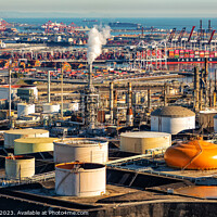 Buy canvas prints of Aerial view of oil storage facility Los Angeles  by Spotmatik 