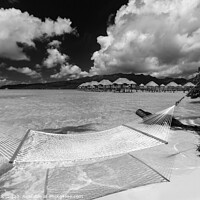 Buy canvas prints of Beach hammock Bora Bora with Overwater luxury Bungalows  by Spotmatik 