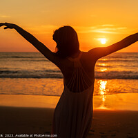Buy canvas prints of Carefree Bohemian girl dancing on beach at sunset by Spotmatik 