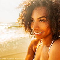 Buy canvas prints of Smiling Afro American female enjoying Summer by Ocean by Spotmatik 