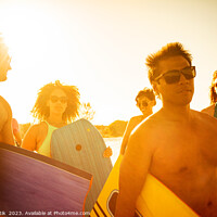 Buy canvas prints of Friends in swimwear carrying bodyboards enjoying Summer vacation by Spotmatik 
