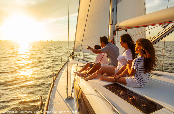 Relaxed family on luxury yacht sailing towards sunset Picture Board by Spotmatik 