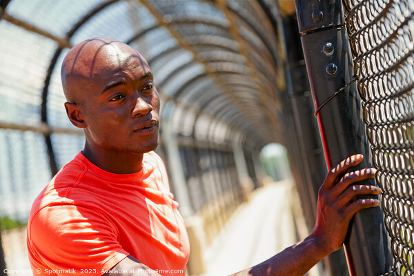 African American male looking though fence after exercising Picture Board by Spotmatik 