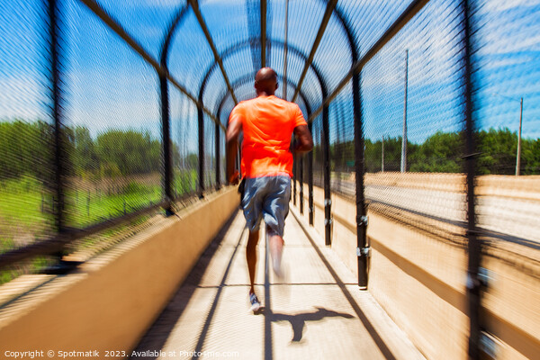 Solo African American man running through covered walkway Picture Board by Spotmatik 