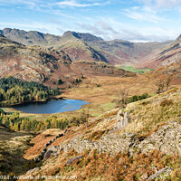 Buy canvas prints of Blea tarn, Langdale Pikes in Autumn, Classic fells by Julian Carnell