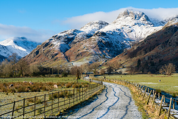 Langdale pikes in winter Lake District National Park Picture Board by Julian Carnell