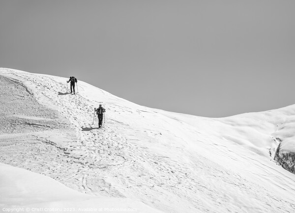 Two Hikers on a trail walking through snow. Winter landscape in Carapathian Mountains, Romania. Picture Board by Cristi Croitoru