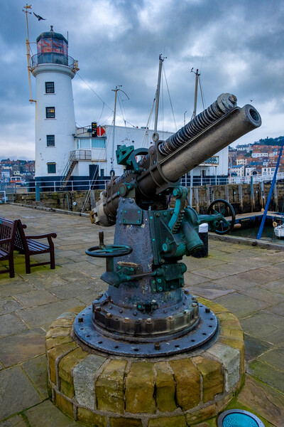Scarborough Lighthouse And Gun Picture Board by Steve Smith
