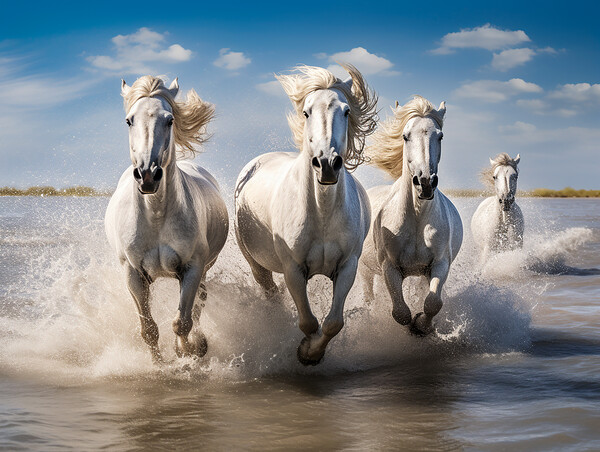 Camargue Horses Running In Water Picture Board by Steve Smith