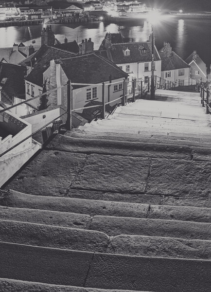 199 Steps black and white, Whitby Picture Board by Tim Hill
