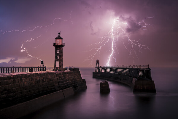 Lightning out to sea from Whitby Pier Picture Board by Tim Hill
