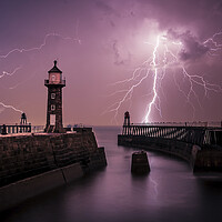 Buy canvas prints of Lightning out to sea from Whitby Pier by Tim Hill