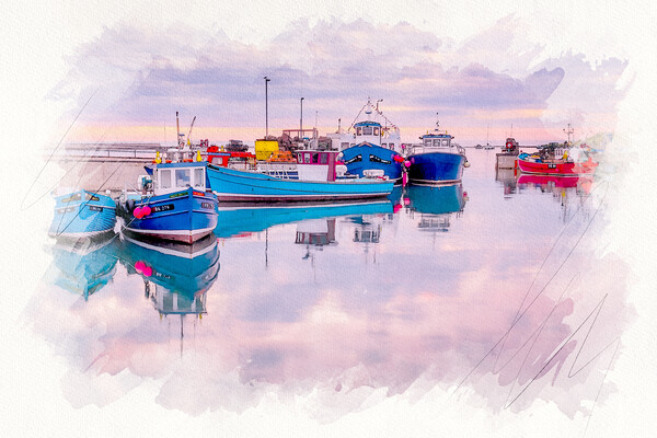 Seahouses Harbour Watercolour Picture Board by Tim Hill