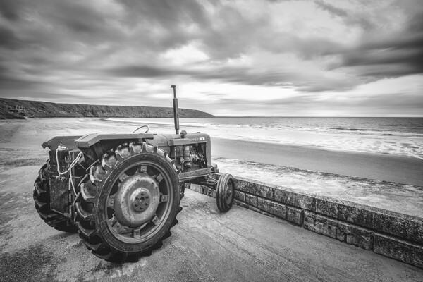 Filey Beach Tractor Black and White Picture Board by Tim Hill