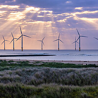 Buy canvas prints of Redcar Wind Farm: South Gare Sun Rays by Tim Hill