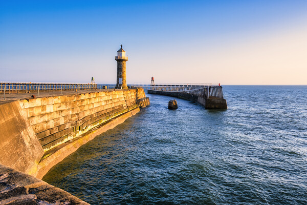 Whitby East Pier Sunrise Light Picture Board by Tim Hill